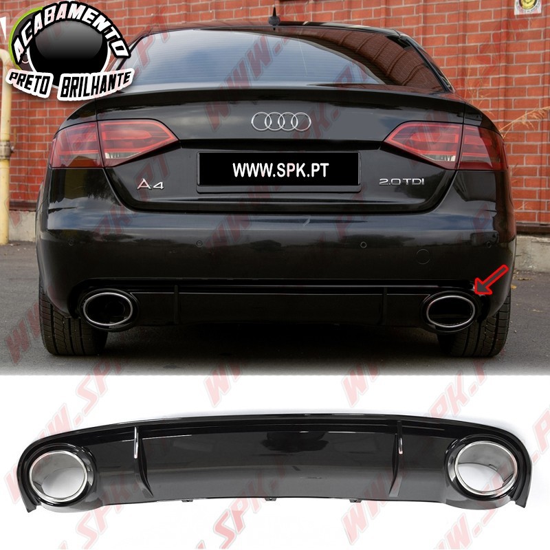 Difusor Traseiro Black Gloss + Ponteiras Look RS4 - Audi A4 B8 Sedan / Avant (2007-2011)
