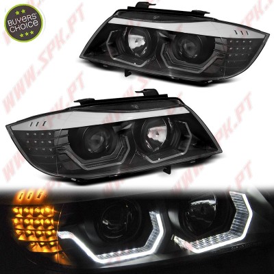 Faróis Angel Eyes 3D - C/Pisca LED / Black - BMW E90 / E91 (2005-2008)