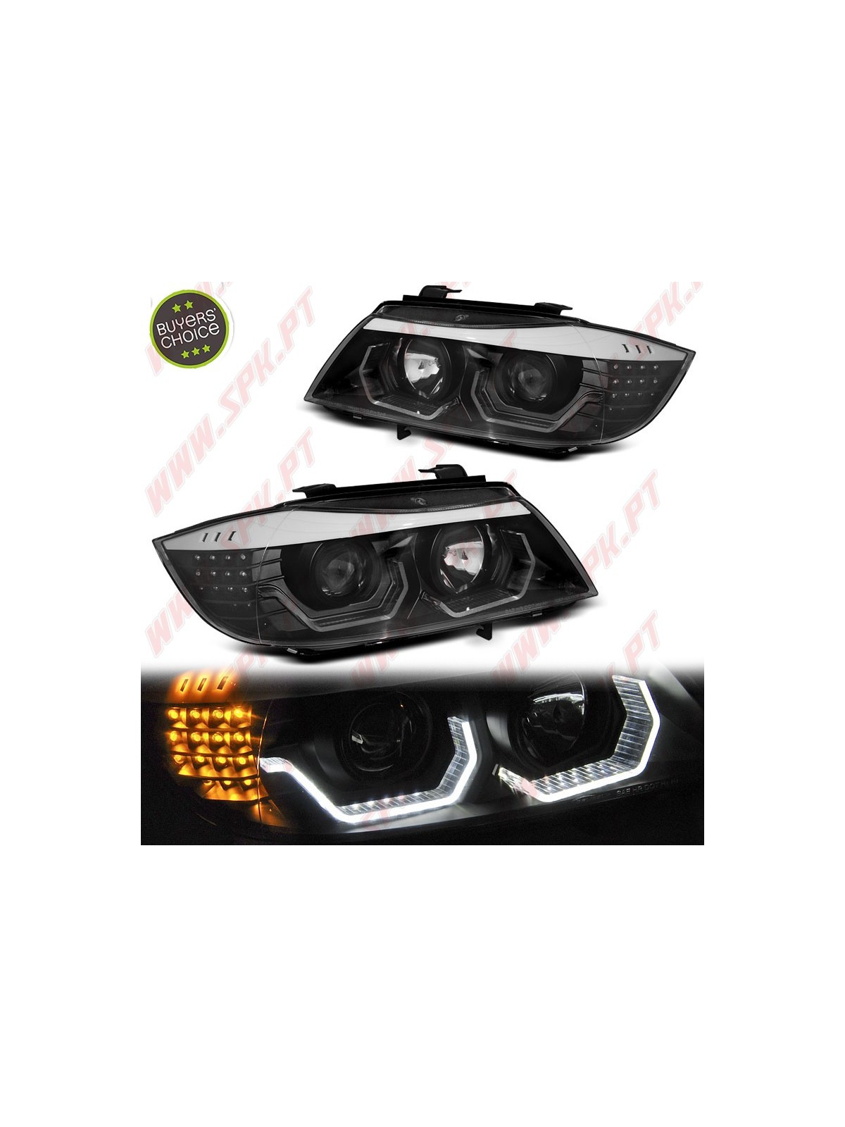 Faróis Angel Eyes 3D - C/Pisca LED / Black - BMW E90 / E91 (2005-2008)