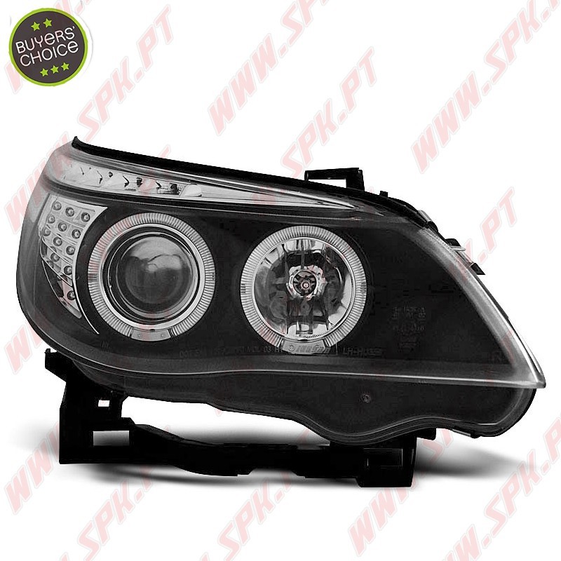 Faróis Angel Eyes - C/Pisca LED / Black - BMW E60 / E61 (2003-2007) Faróis Angel Eyes - C/Pisca LED / Black - BMW E60 / E61 (2003-2007)