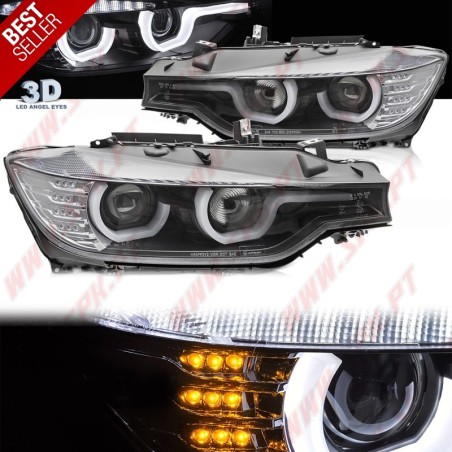 Faróis Angel Eyes U-Type - C/Pisca LED / Black - BMW F30 / F31 (2011-2015)