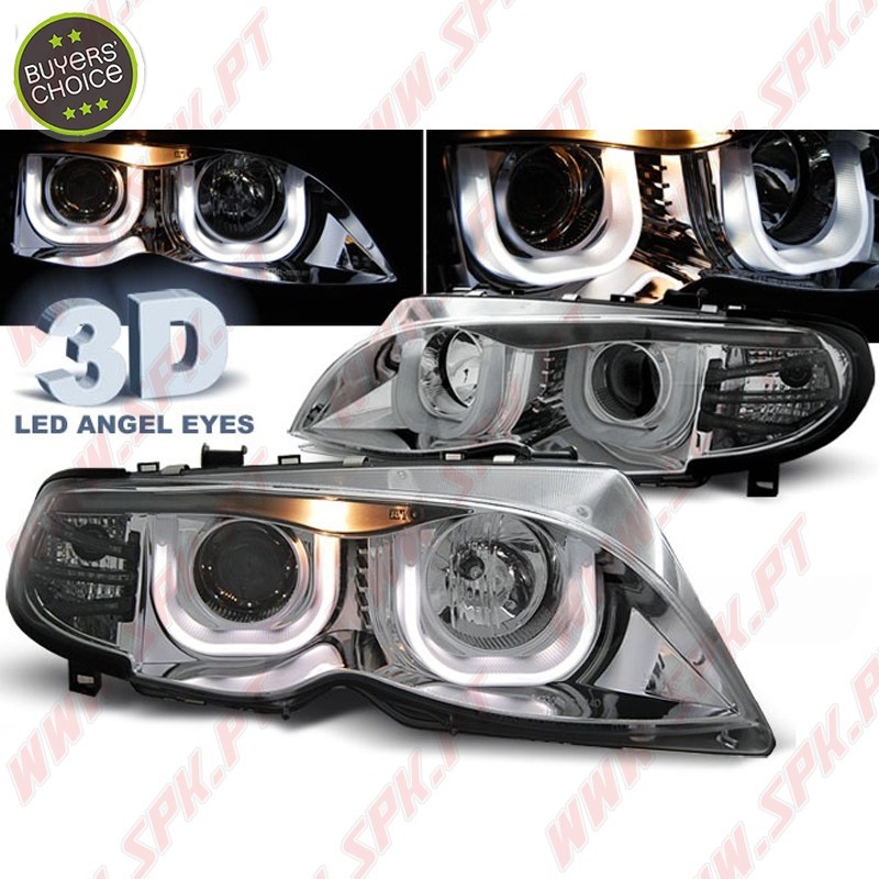 Faróis Angel Eyes 3D Chrome - BMW E46 Sedan / Touring (2001-2005) Faróis Angel Eyes 3D Chrome - BMW E46 Sedan / Touring (2001-2005)