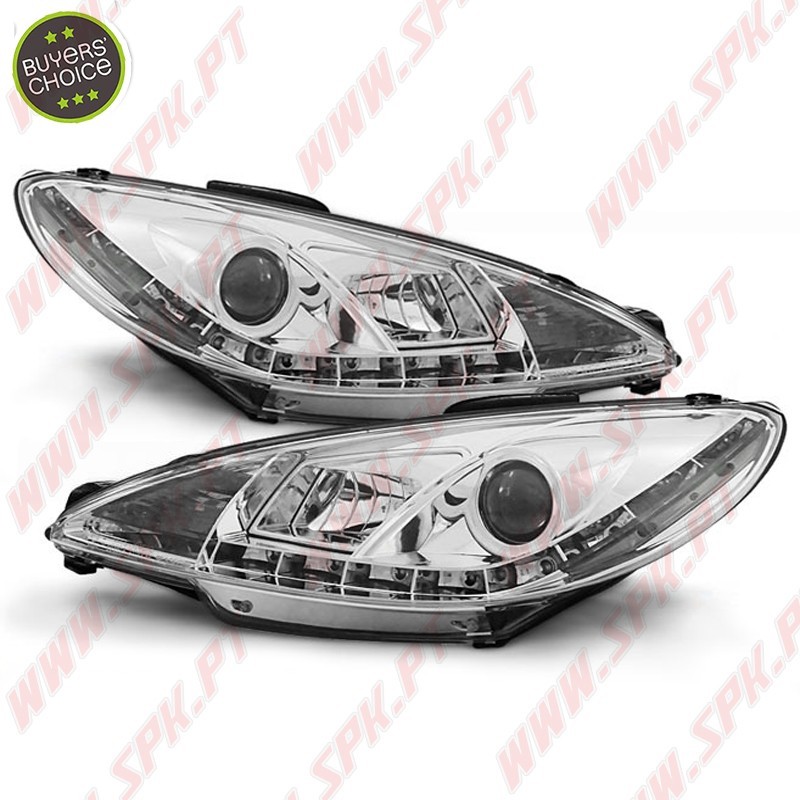 Faróis Look DRL Chrome - Peugeot 206 (1998-2002) Faróis Look DRL Chrome - Peugeot 206 (1998-2002)