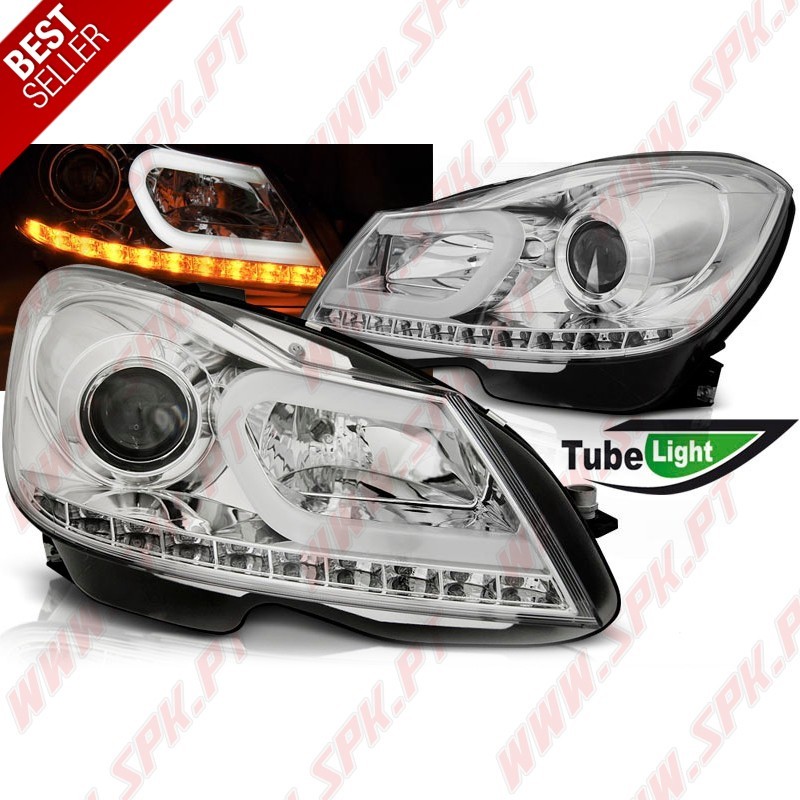 Faróis Tube Light C/Pisca LED Black - Mercedes W204 (2011-2014) Faróis Tube Light C/Pisca LED Black - Mercedes W204 (2011-2014)