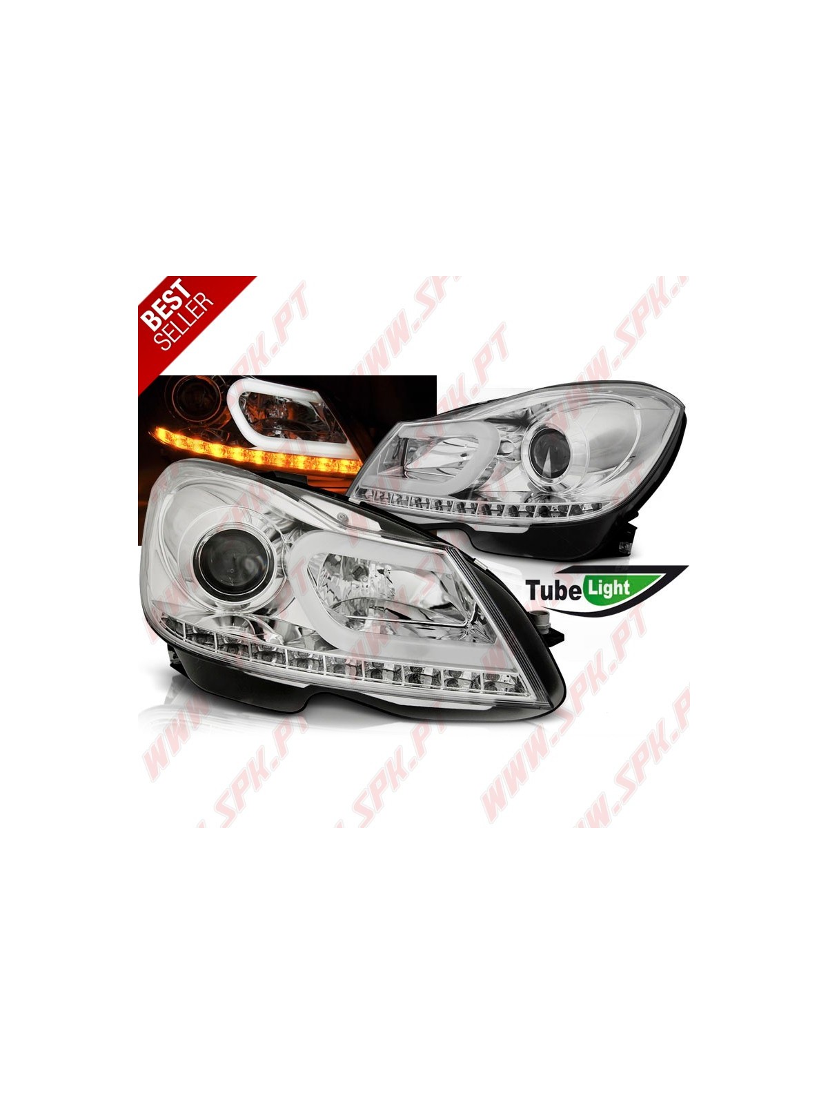 Faróis Tube Light C/Pisca LED Black - Mercedes W204 (2011-2014) Faróis Tube Light C/Pisca LED Black - Mercedes W204 (2011-2014)