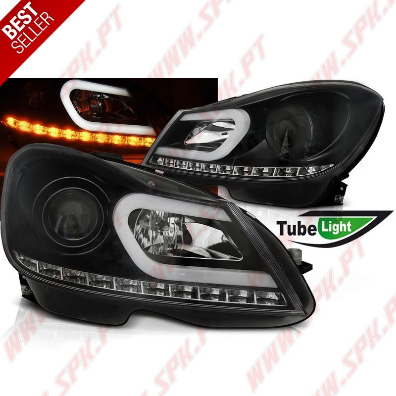 Faróis Tube Light C/Pisca LED Black - Mercedes W204 (2011-2014) Faróis Tube Light C/Pisca LED Black - Mercedes W204 (2011-2014)