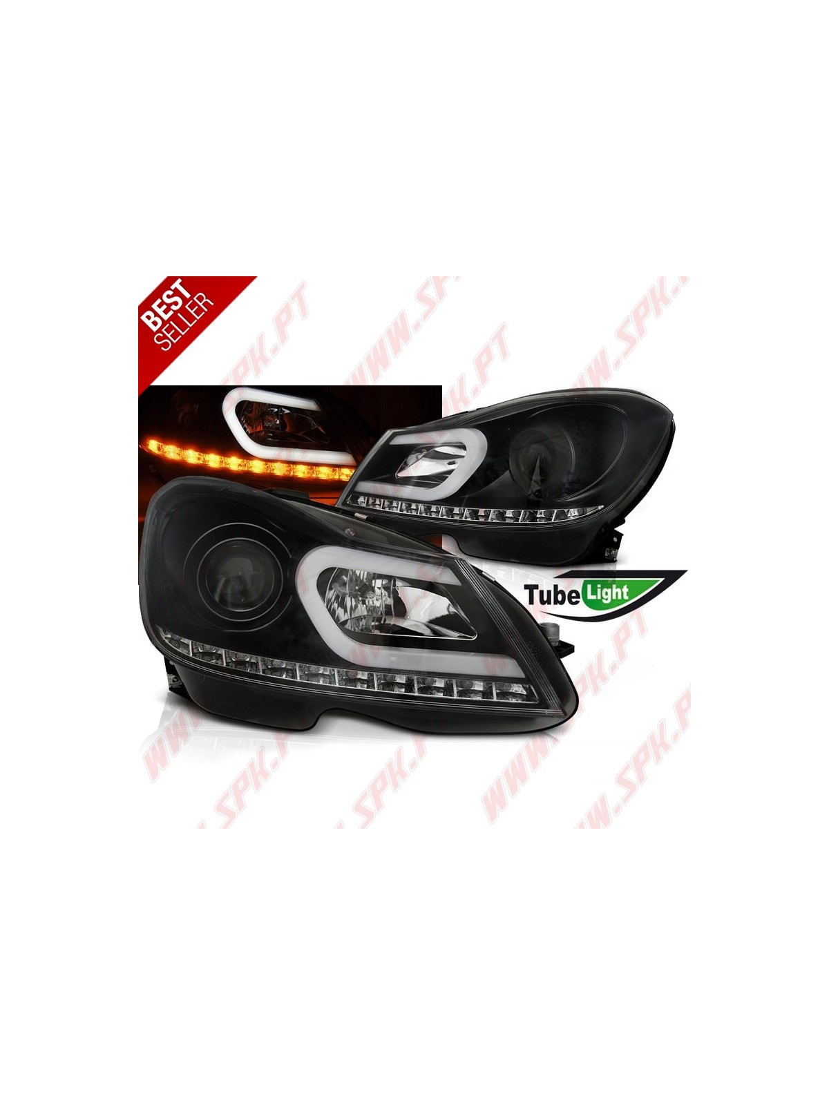 Faróis Tube Light C/Pisca LED Black - Mercedes W204 (2011-2014) Faróis Tube Light C/Pisca LED Black - Mercedes W204 (2011-2014)