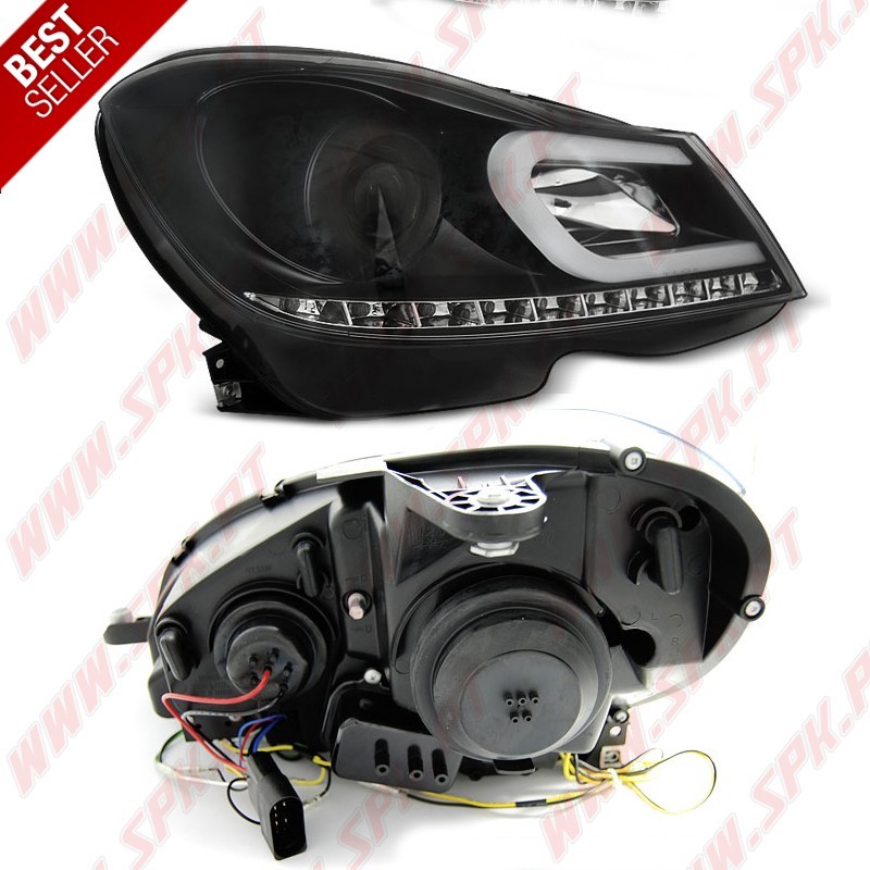 Faróis Tube Light C/Pisca LED Black - Mercedes W204 (2011-2014) Faróis Tube Light C/Pisca LED Black - Mercedes W204 (2011-2014)
