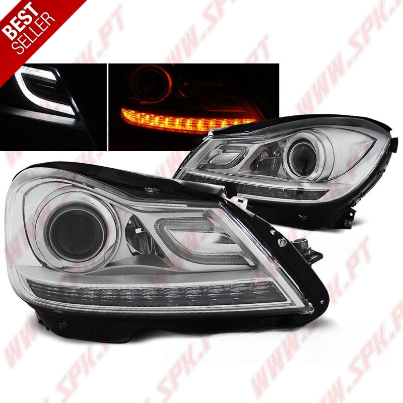 Faróis LED C/Pisca LED Chrome - Mercedes W204 (2011-2014) Faróis LED C/Pisca LED Chrome - Mercedes W204 (2011-2014)