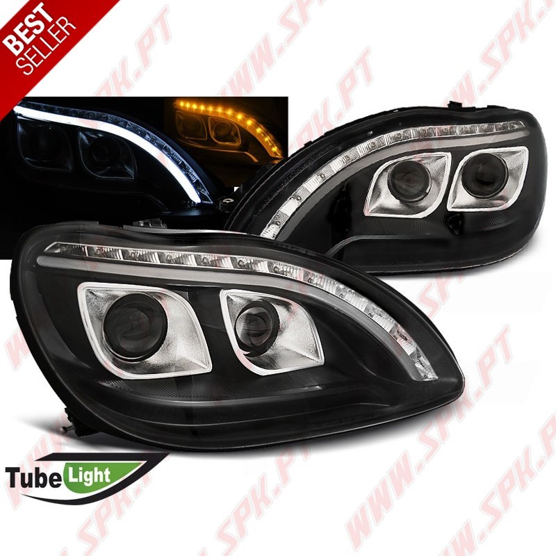 Faróis Tube Light / Black - Mercedes W220 (1998-2005) Faróis Tube Light / Black - Mercedes W220 (1998-2005)