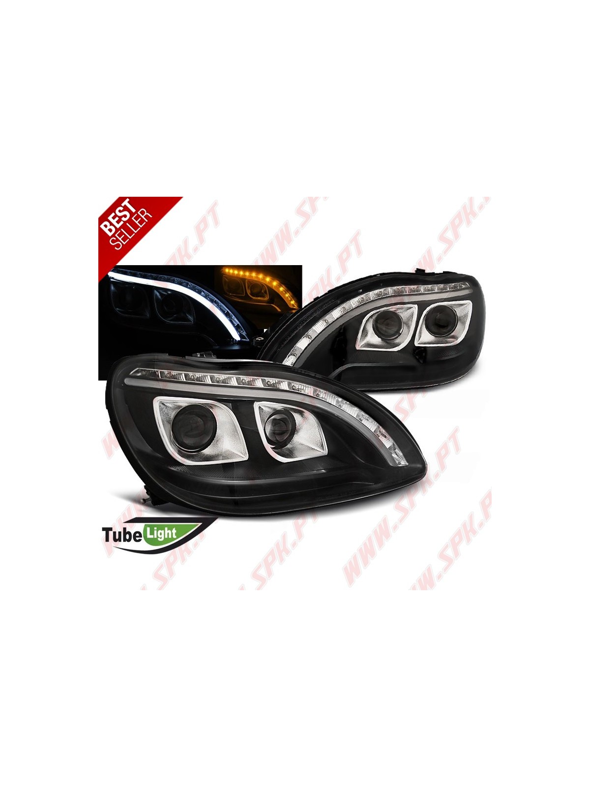 Faróis Tube Light / Black - Mercedes W220 (1998-2005) Faróis Tube Light / Black - Mercedes W220 (1998-2005)