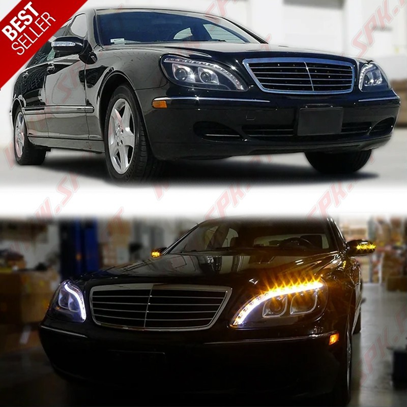 Faróis Tube Light / Black - Mercedes W220 (1998-2005) Faróis Tube Light / Black - Mercedes W220 (1998-2005)