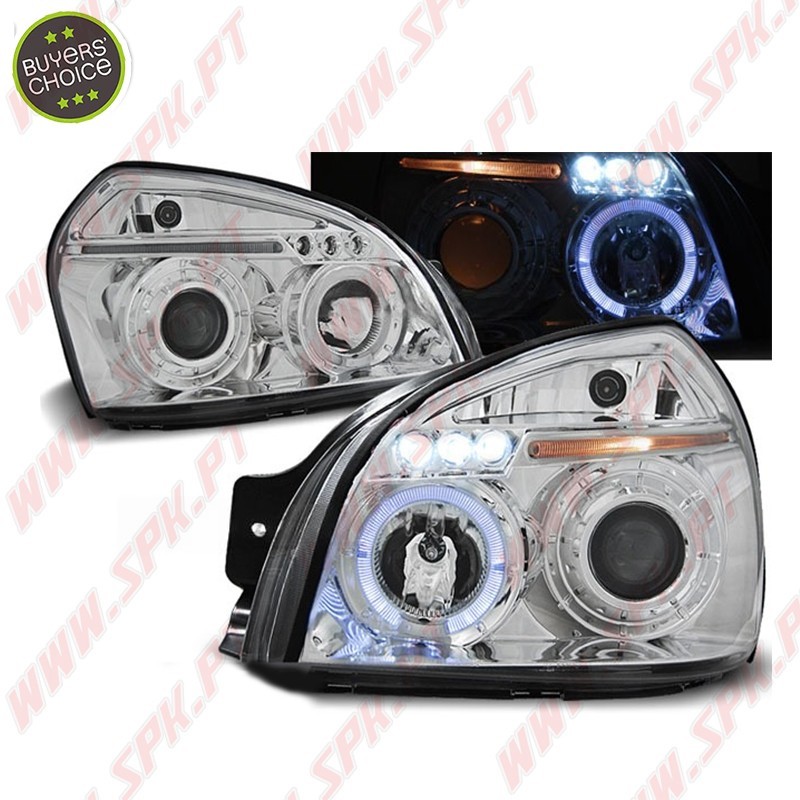 Faróis Angel Eyes LED / Chrome - Hyundai Tucson (2004-2010) Faróis Angel Eyes LED / Chrome - Hyundai Tucson (2004-2010)